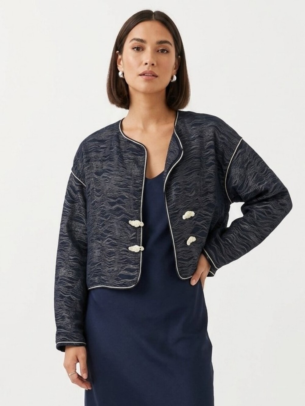 Vtg Max & Mabel Dark Navy Cream  Contrast Piping Textured Crop Boxy Jacket S